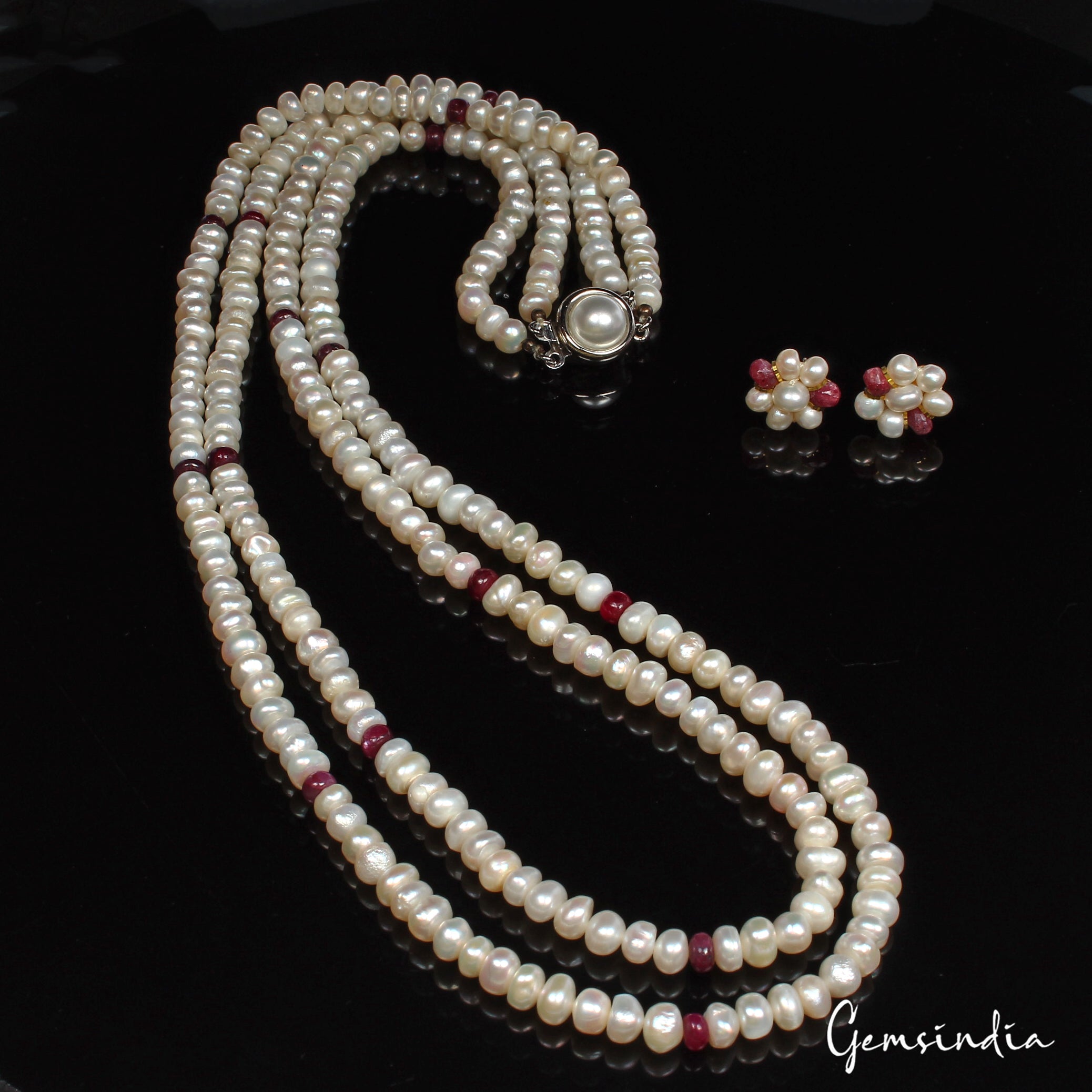247.00 Ct Natural Freshwater Pearl & Ruby Round Cab Beaded Handmade Necklace Set