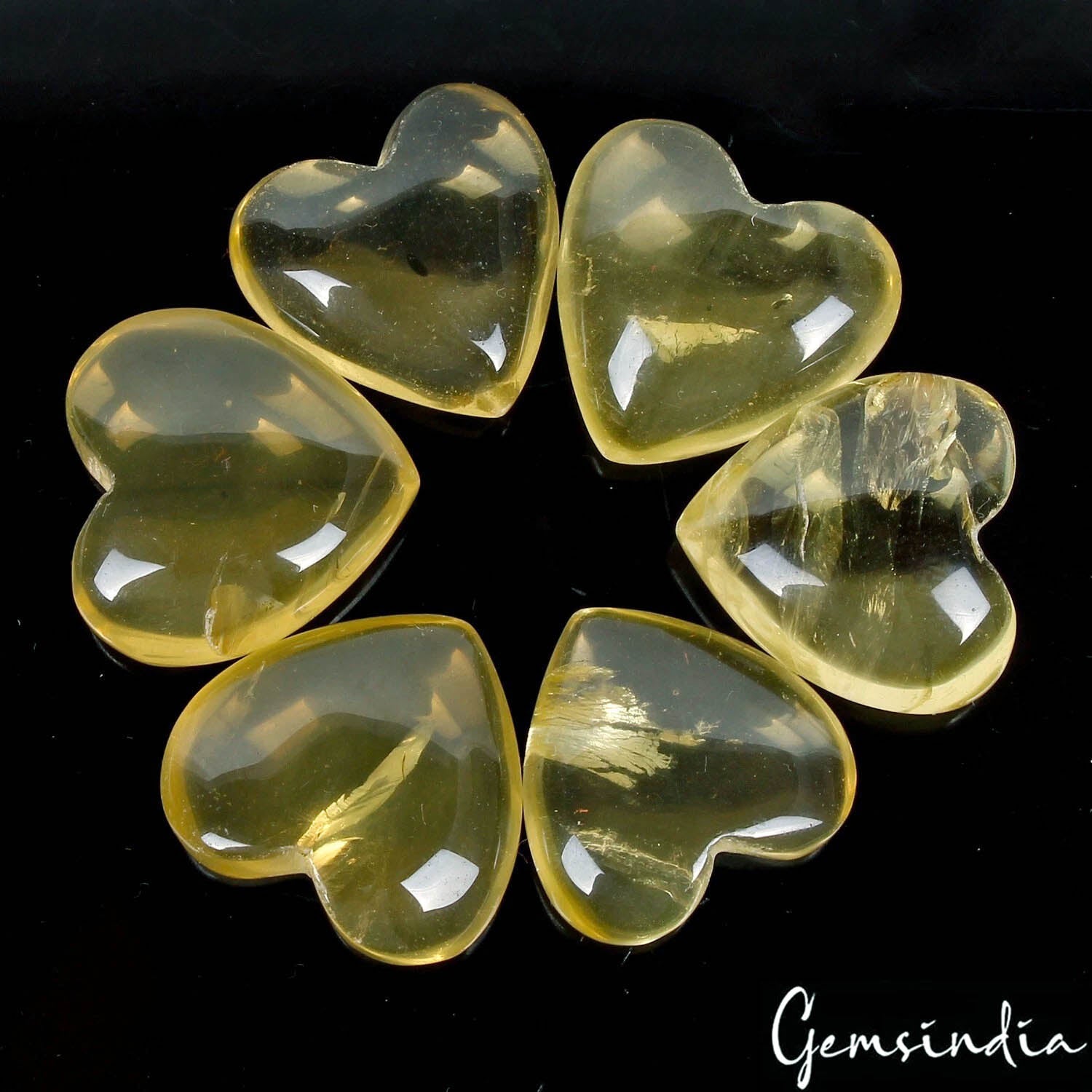 Lemon Quartz Lot, Cabochon, Heart Cabochon Country of — 6 Pieces, 21mm to 22mm, 197.20 Ct, Brazil