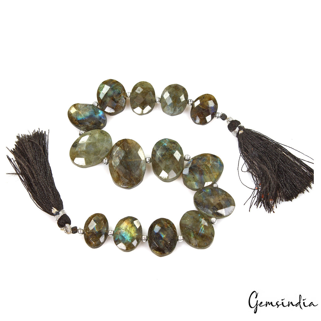 200 Ct/14 Pcs Natural Multi Shine Labradorite Gem Oval Cut Drill Beads Strand 9"