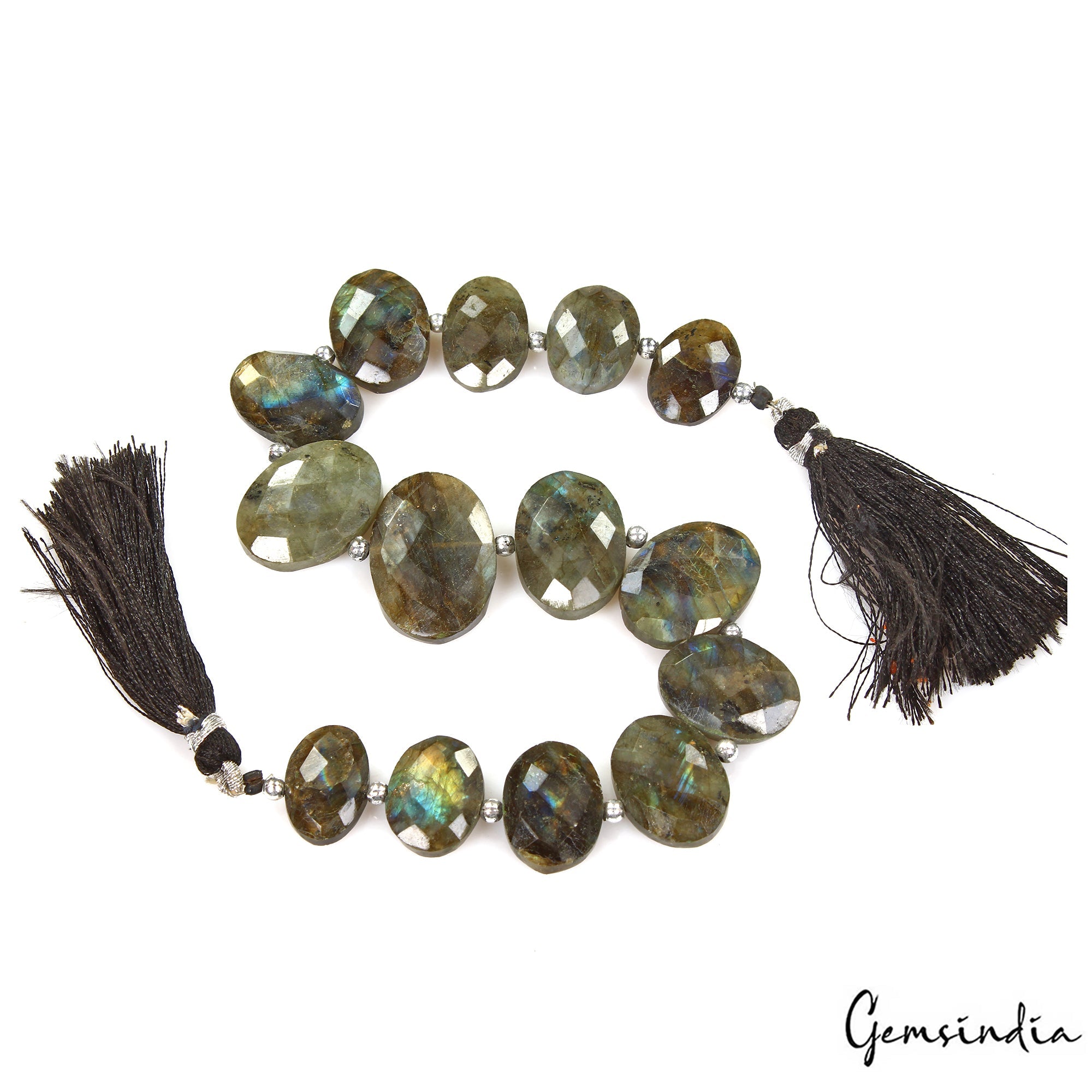 200 Ct/14 Pcs Natural Multi Shine Labradorite Gem Oval Cut Drill Beads Strand 9"