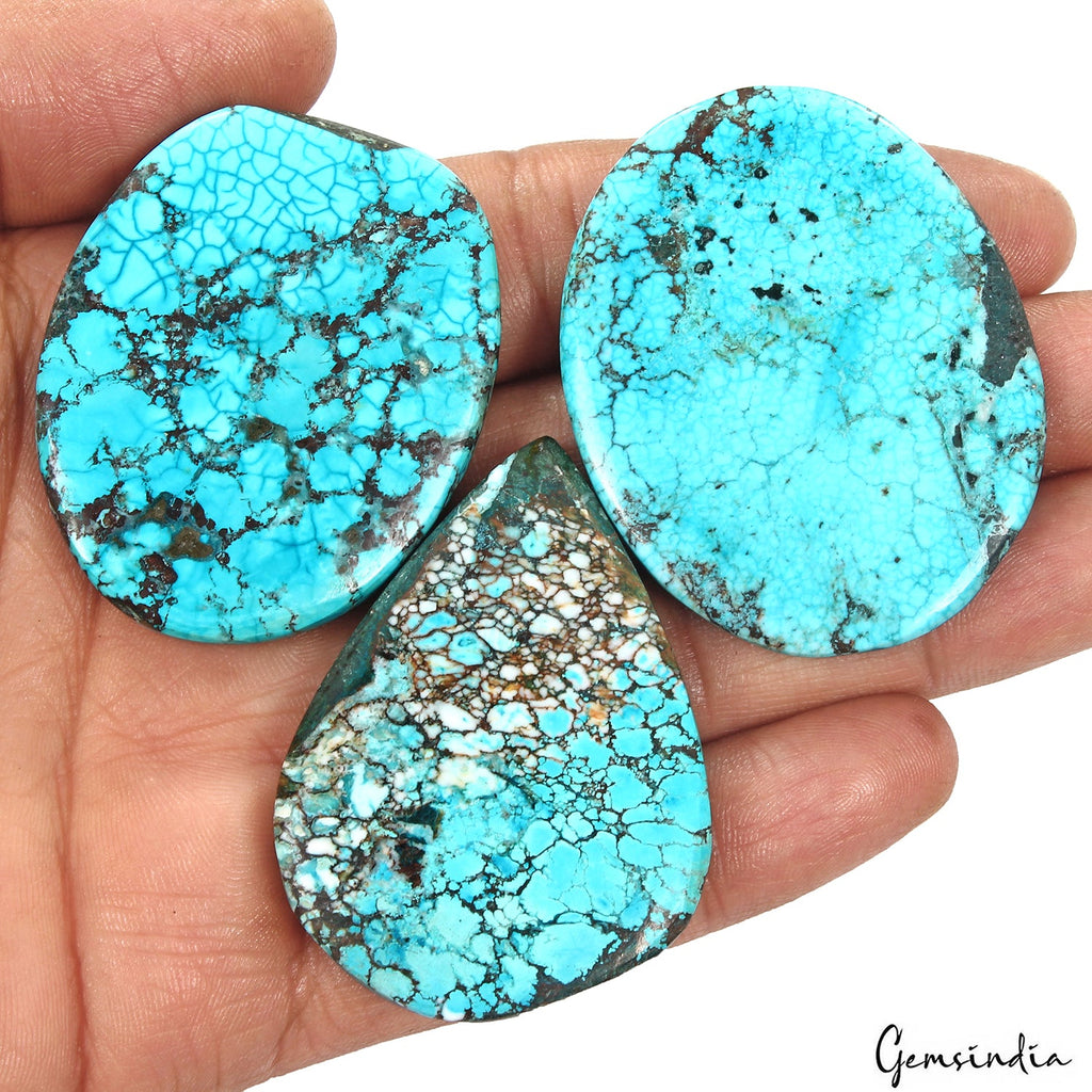 330 Ct/3 Pcs Natural Spiderweb Blue Turquoise Oval Cabochon Loose Gemstone Lot