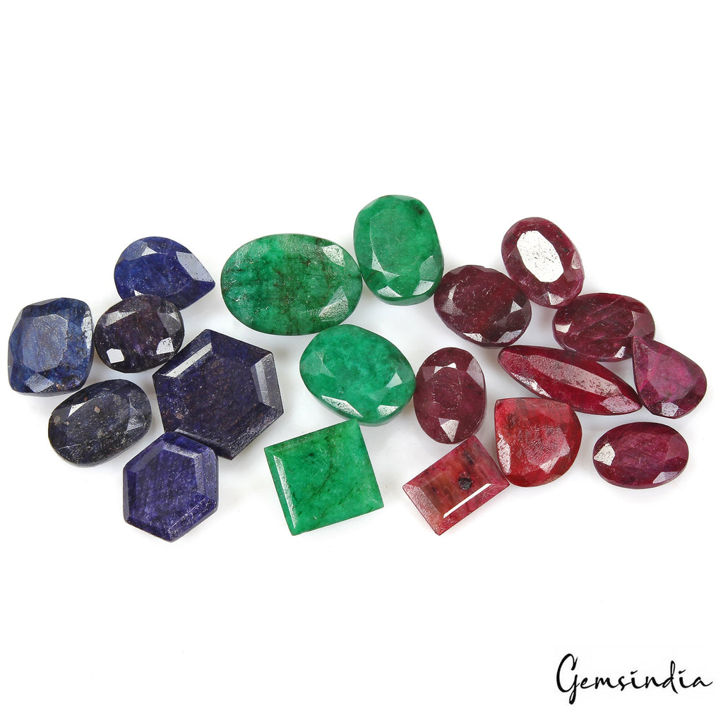 Certified 390 Cts/19 Pcs Natural Multi Gems Emerald Ruby Sapphire Mixed Cut Gems
