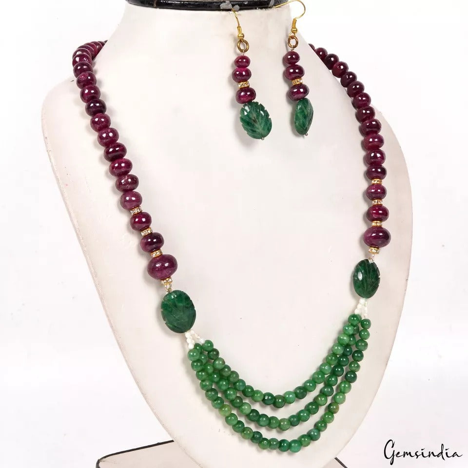 22" Long Natural Ruby & Emerald Handmade Necklace w/ Earrings Women Jewelry