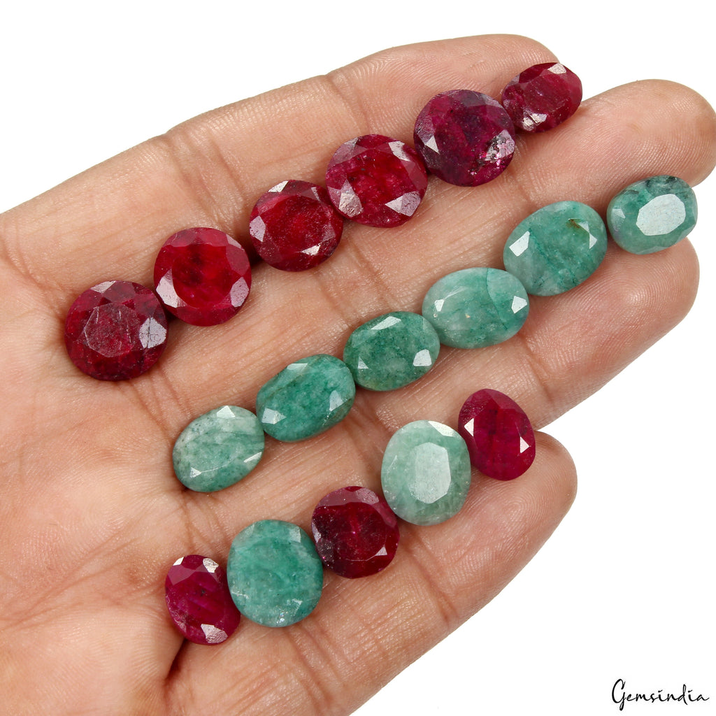 17 Pcs Natural Red Ruby Green Emerald Oval Cut 11-13mm Loose Ring Size Gemstones