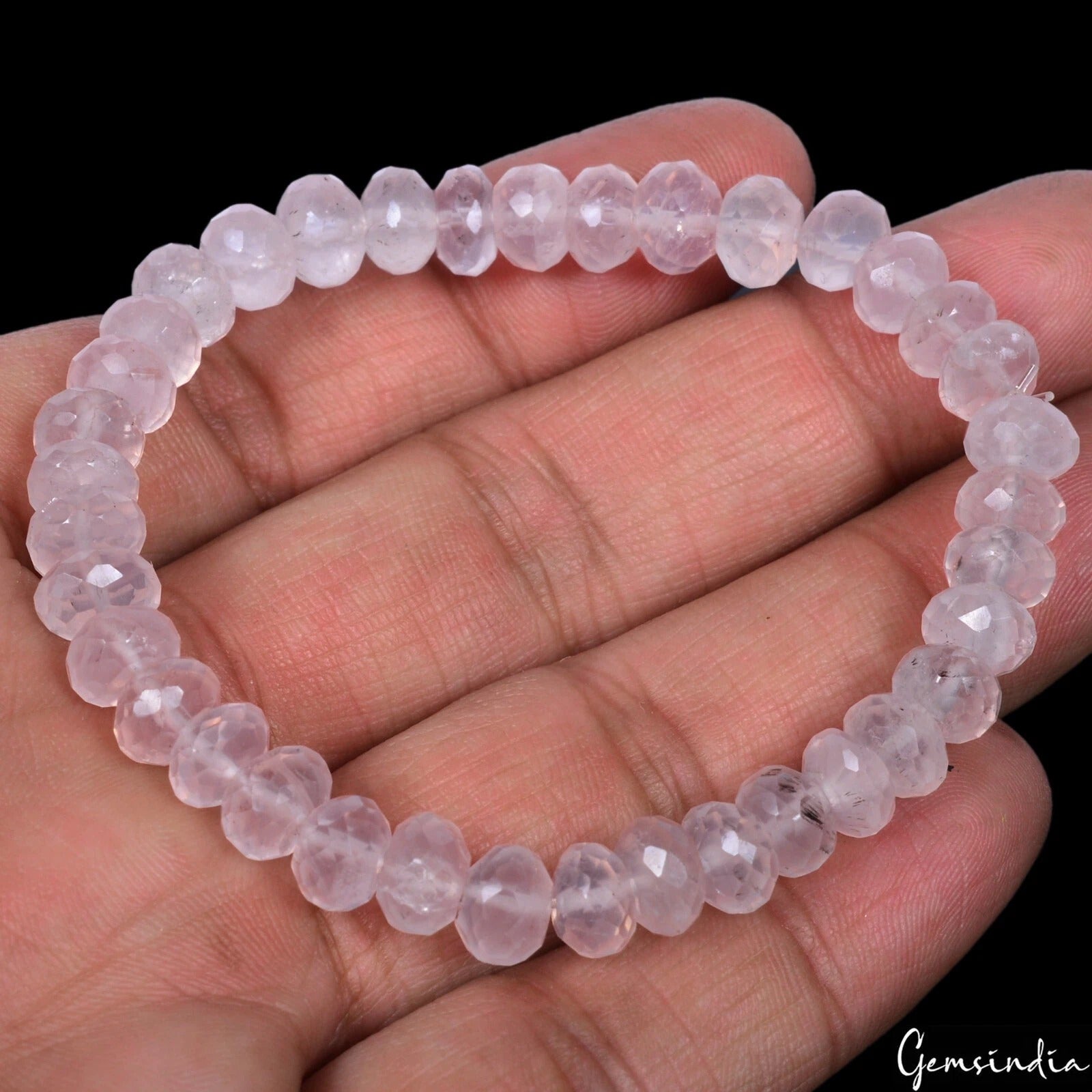 72.50 Cts Natural Pink Rose Quartz Gems Beaded Handmade Stretch Bracelet 7Inches