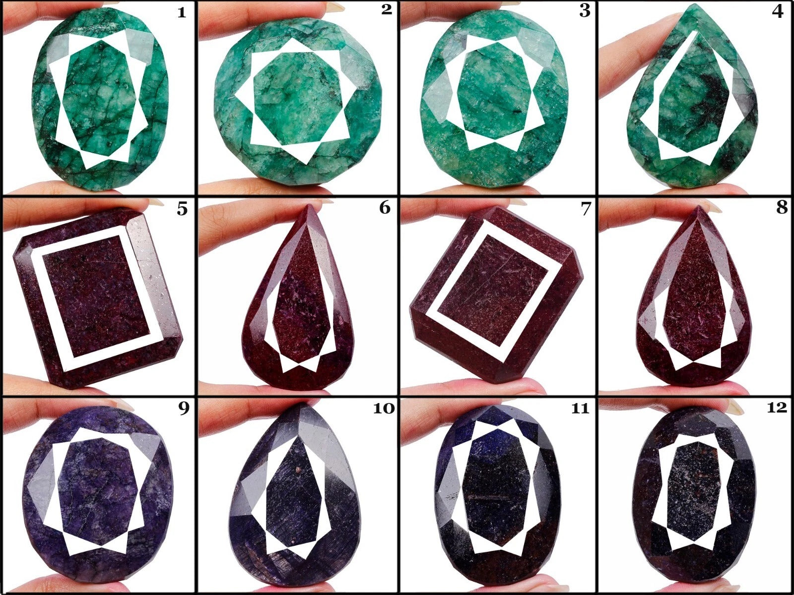 Emerald Lot, Loose Gemstone, Oval, Pear, Octagon Faceted Cut, Color Enhanced — 12 Pieces, 49mm to 76mm, 7220 Ct