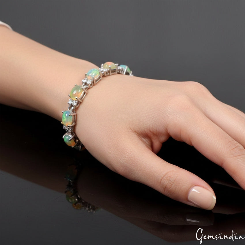 Fire Opal Sterling Silver Bracelet, Untreated, Silver — 7.3 Inch, 61.50 Ct (12.30 g), Ethiopia