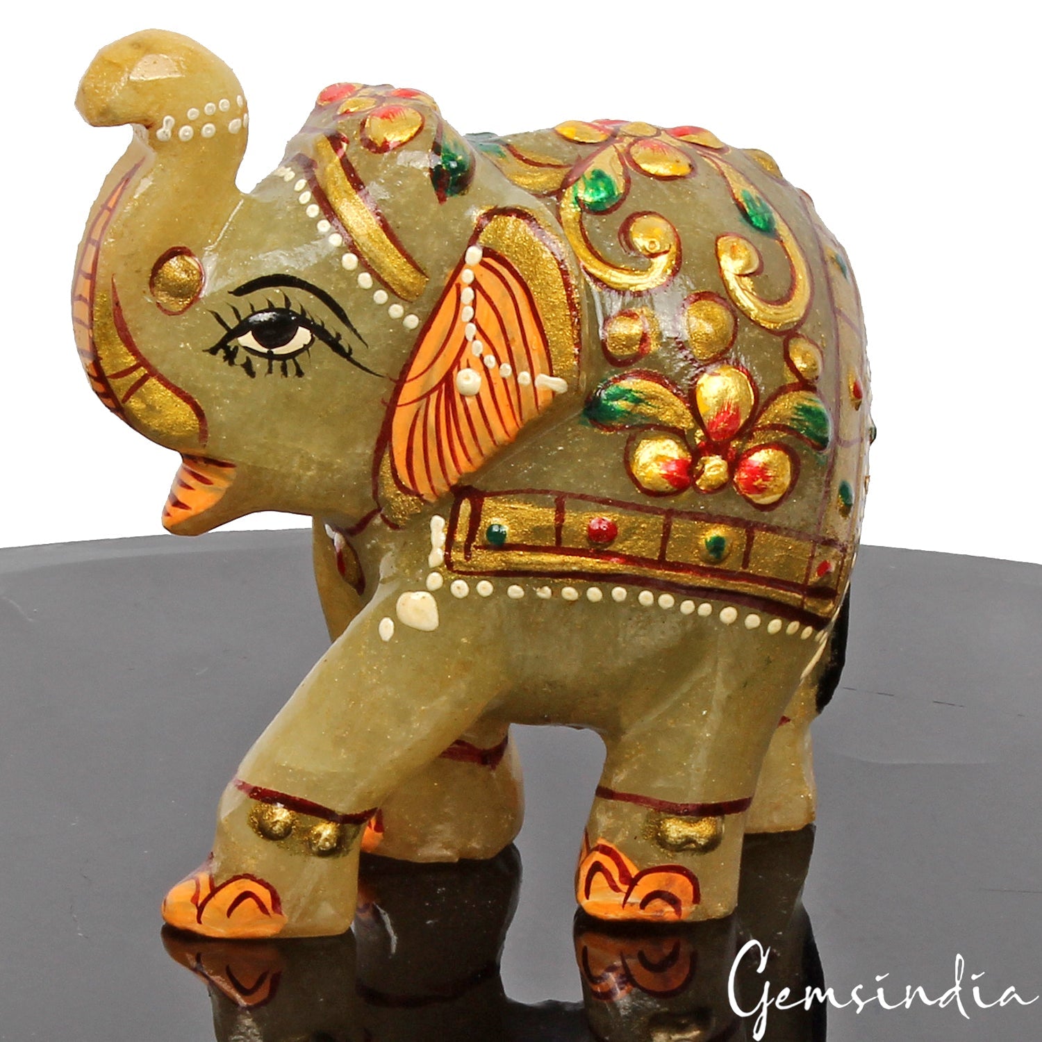 750 Cts Natural Aventurine Carved Elephant Trunk Up Gemstone Animal Statue Decor