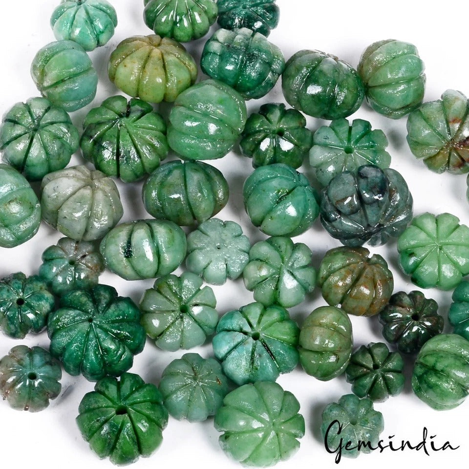 550 Ct Natural Emerald Carving Pumpkin Design Drilled Loose Beads Gems 11-16mm
