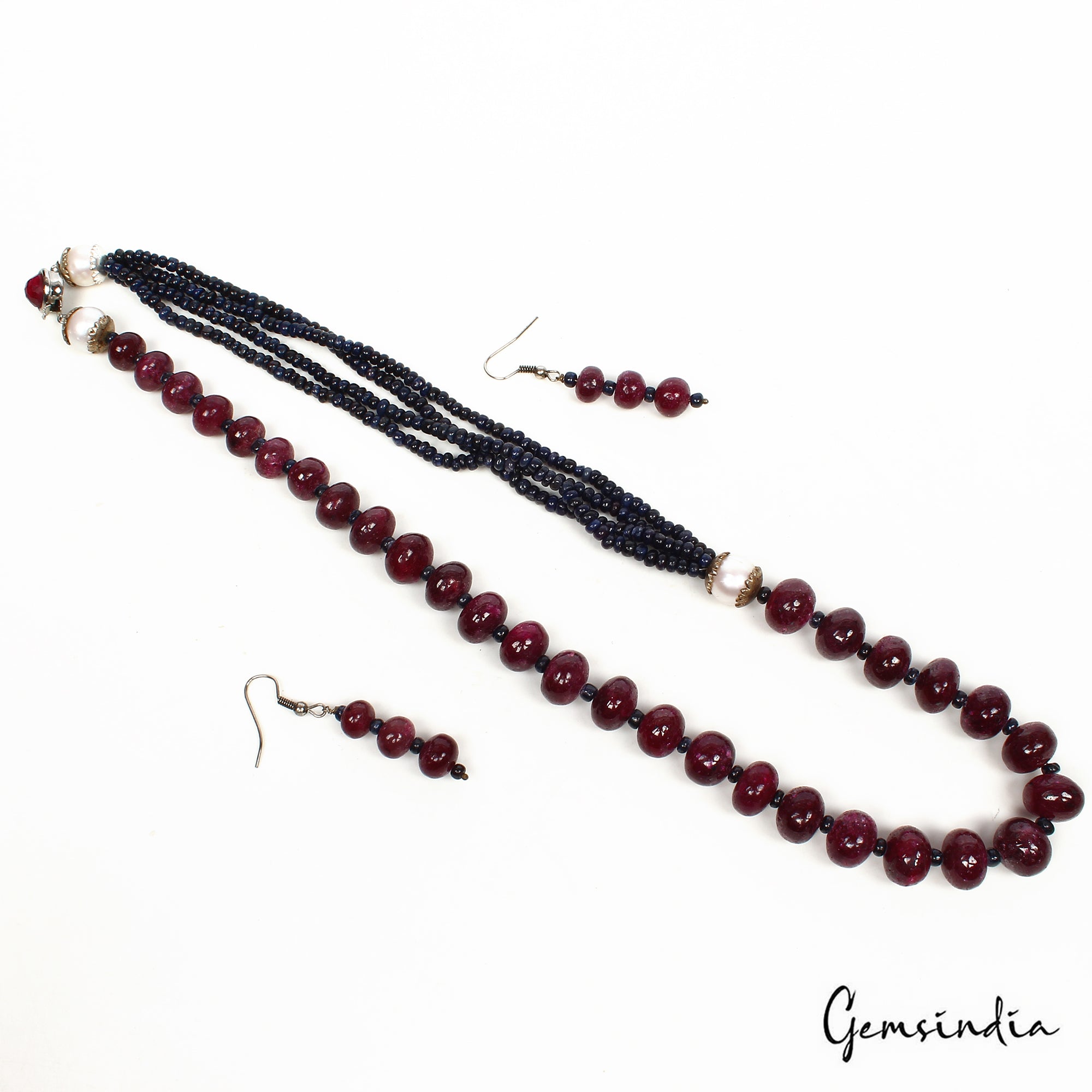 550 Cts Natural Red Ruby Blue Sapphire Round Bead Handmade Designer Jewelry Set