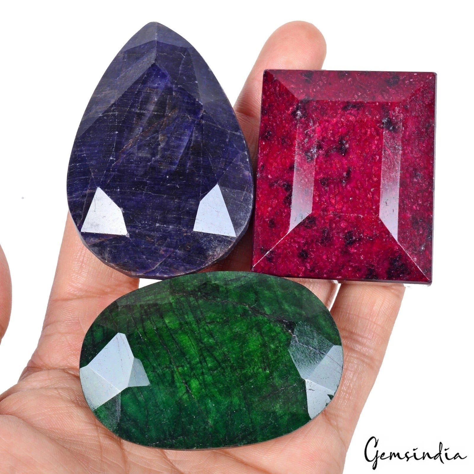 1800 Ct Natural Ruby Emerald & Sapphire Mix Faceted Loose Gemstone Lot 52-65mm