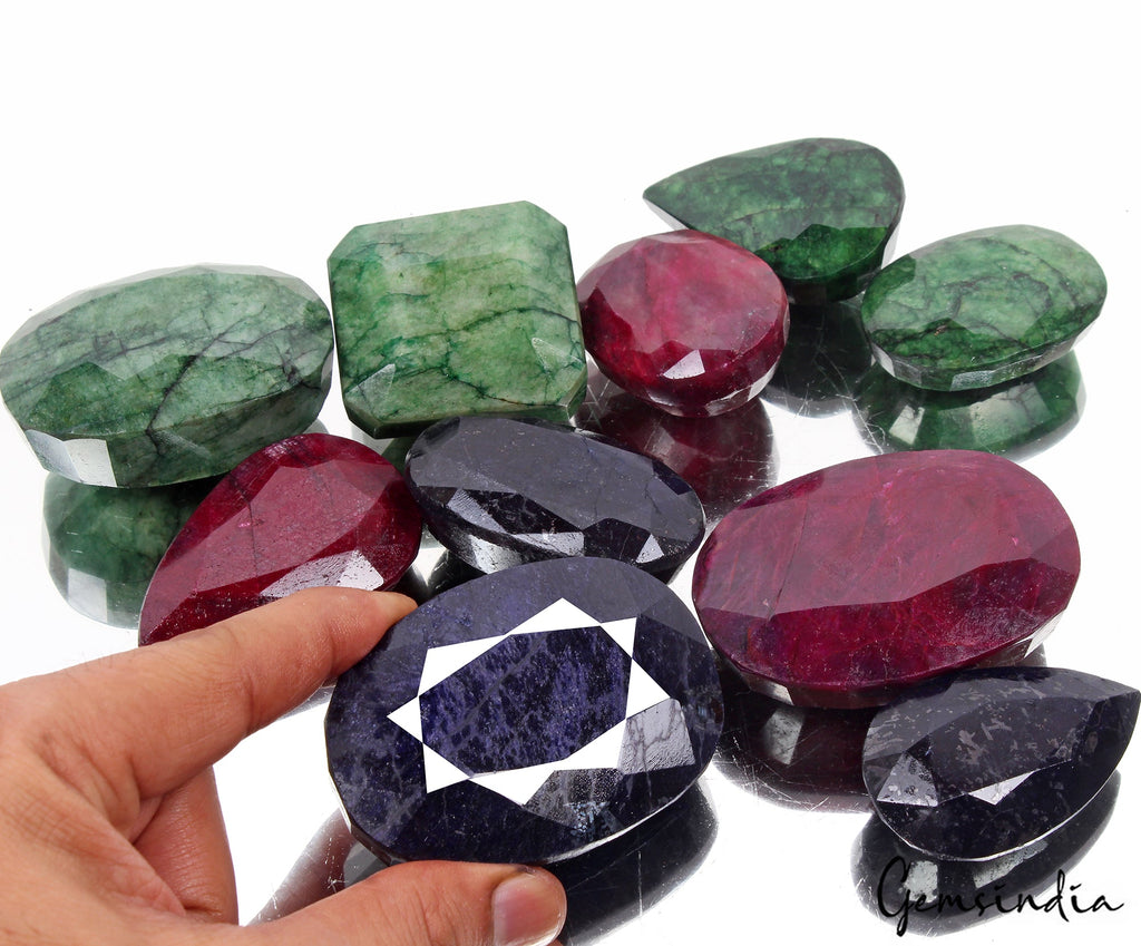 Natural 5000 Ct/10 Pcs Ruby Emerald & Sapphire Mix Shape Loose Gemstones 48-70mm