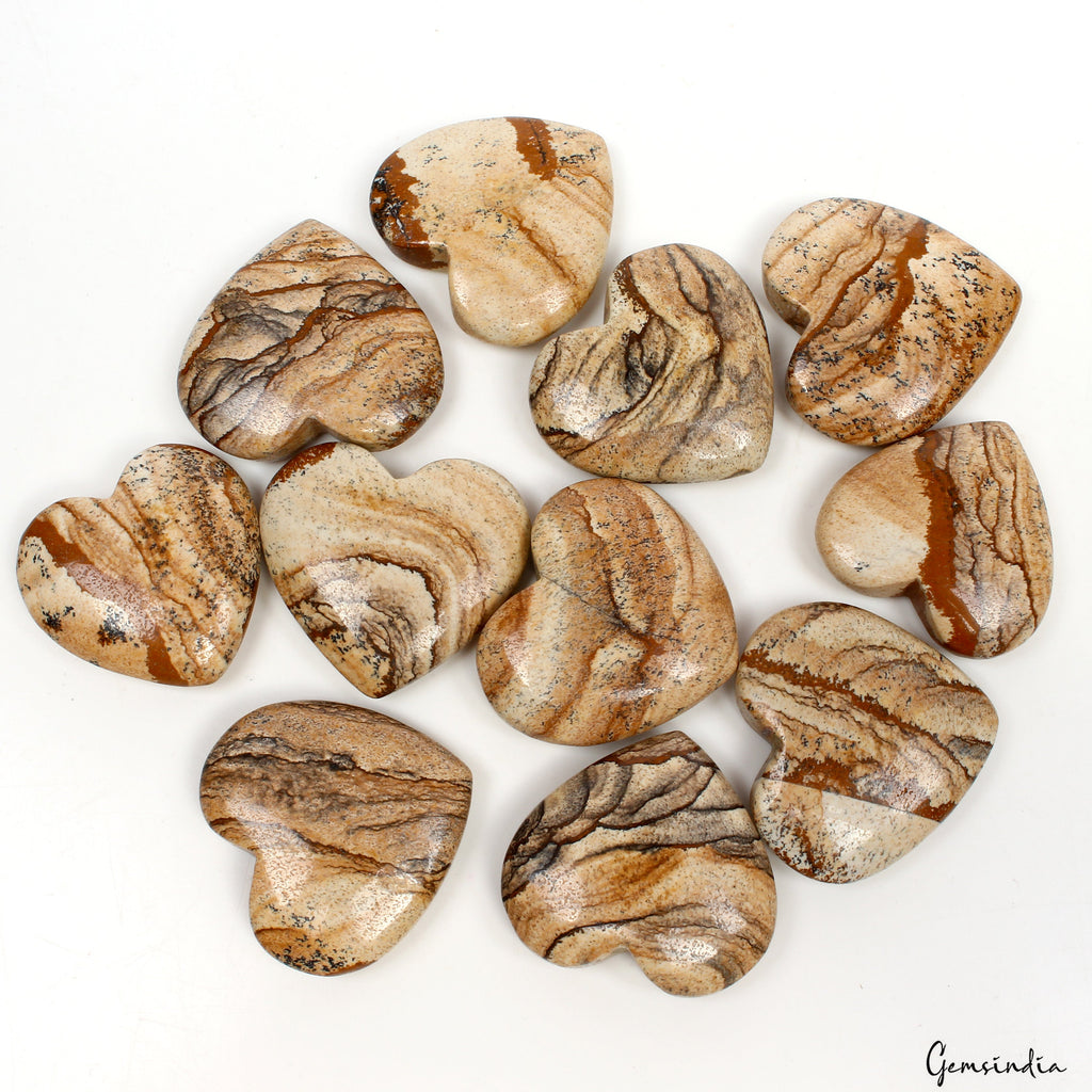 850 Ct/11 Pcs Natural Untreated Picture Jasper Heart Cab Loose Gems For Jewelry
