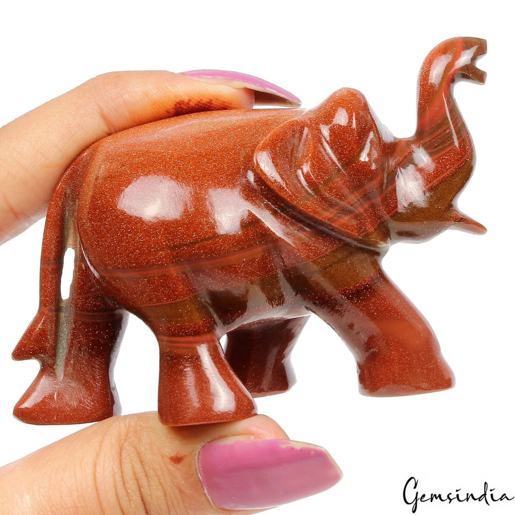 650 Cts Natural Brown Sunstone Single Stone Hand Carved Elephant Statue~2" tall