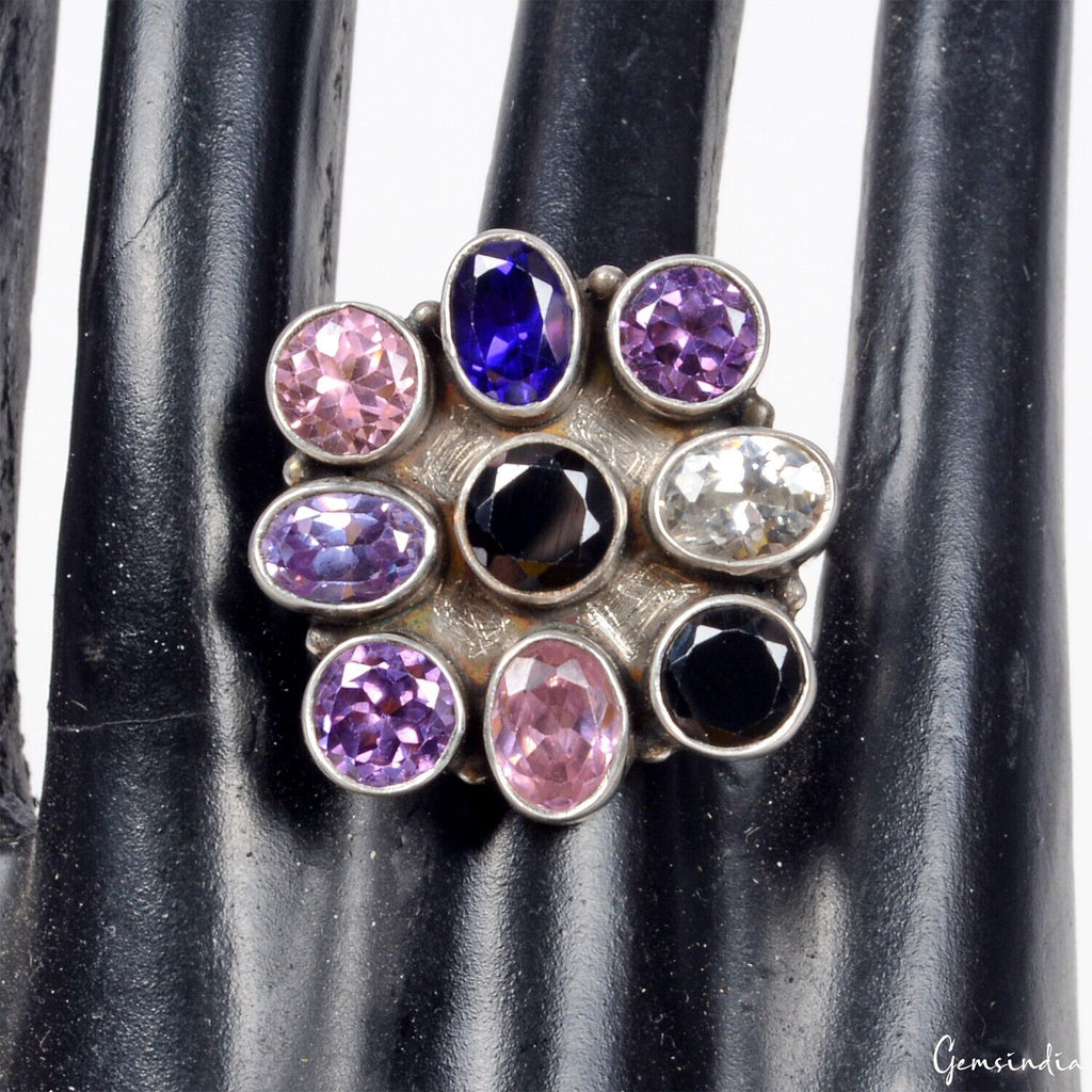 925 Sterling Silver Multi Color Cubic Zirconia Flower Motif Cocktail Ring~8.5 US