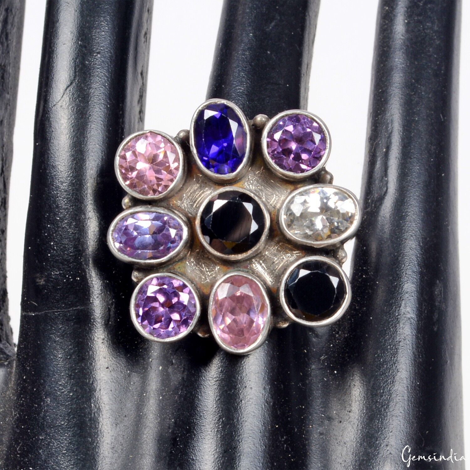 925 Sterling Silver Multi Color Cubic Zirconia Flower Motif Cocktail Ring~8.5 US