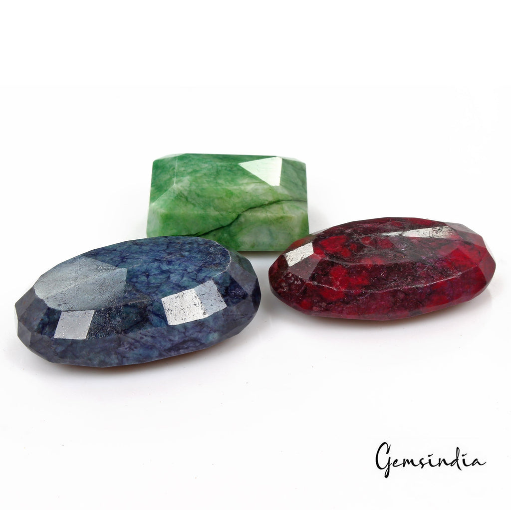 1060 Cts/3 Pcs Natural Red Ruby Blue Beryl Green Emerald Mix Cut Loose Gems Lot