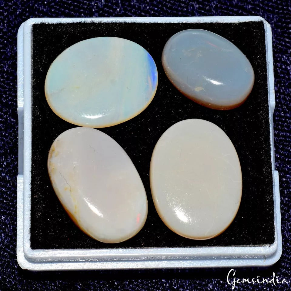 28.40 Ct/4 Pcs Natural Australian White Opal Multi Fire Oval Cab Loose Gemstones