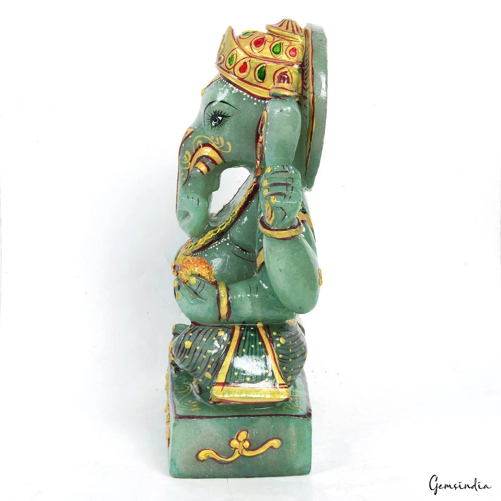 2.4 Kg Natural Green Aventurine Hand Crafted Lord Ganesha Gold Paint Sculpture