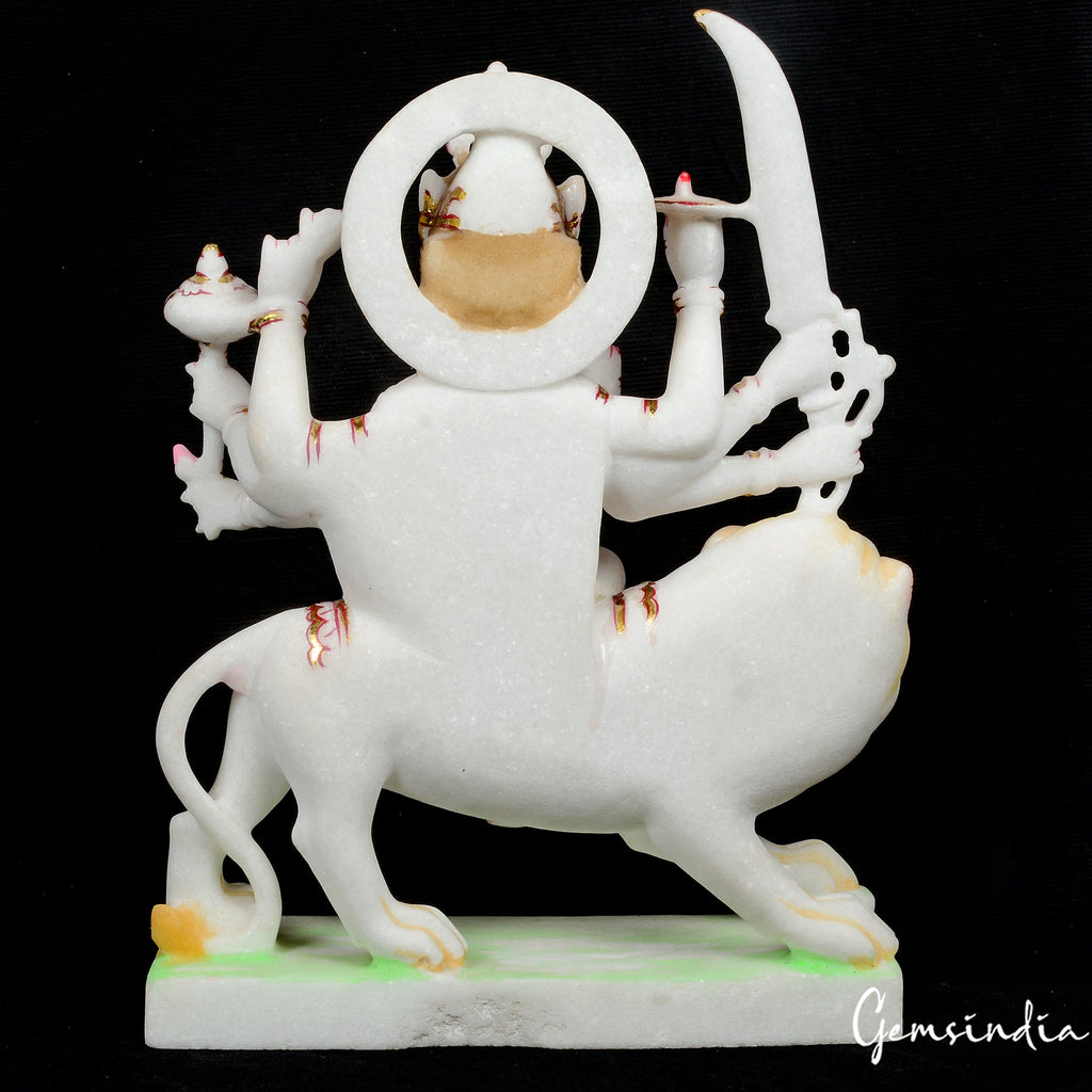 13.2" White Marble Durga Sitting on Lion Statue Hand Crafted Sculpture/ Art Work