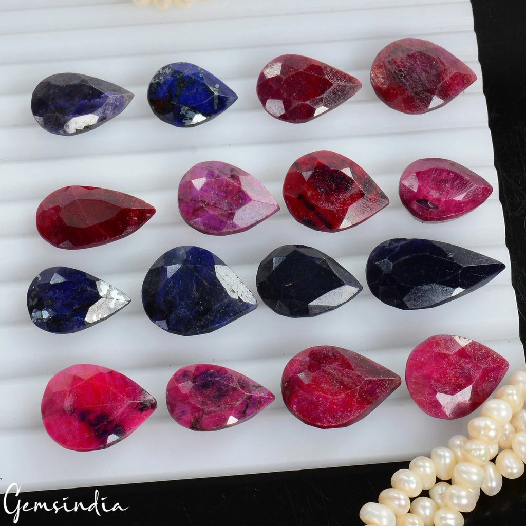250.00 Ct Natural Red Ruby Blue Sapphire Pear Faceted Gems Lot 16Pcs For Jewelry