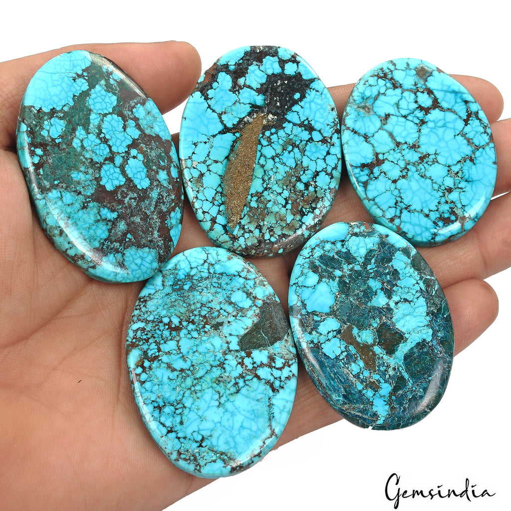 540 Ct/5 Pcs Natural Spiderweb Blue Turquoise Oval Cabochon Loose Gemstone Lot