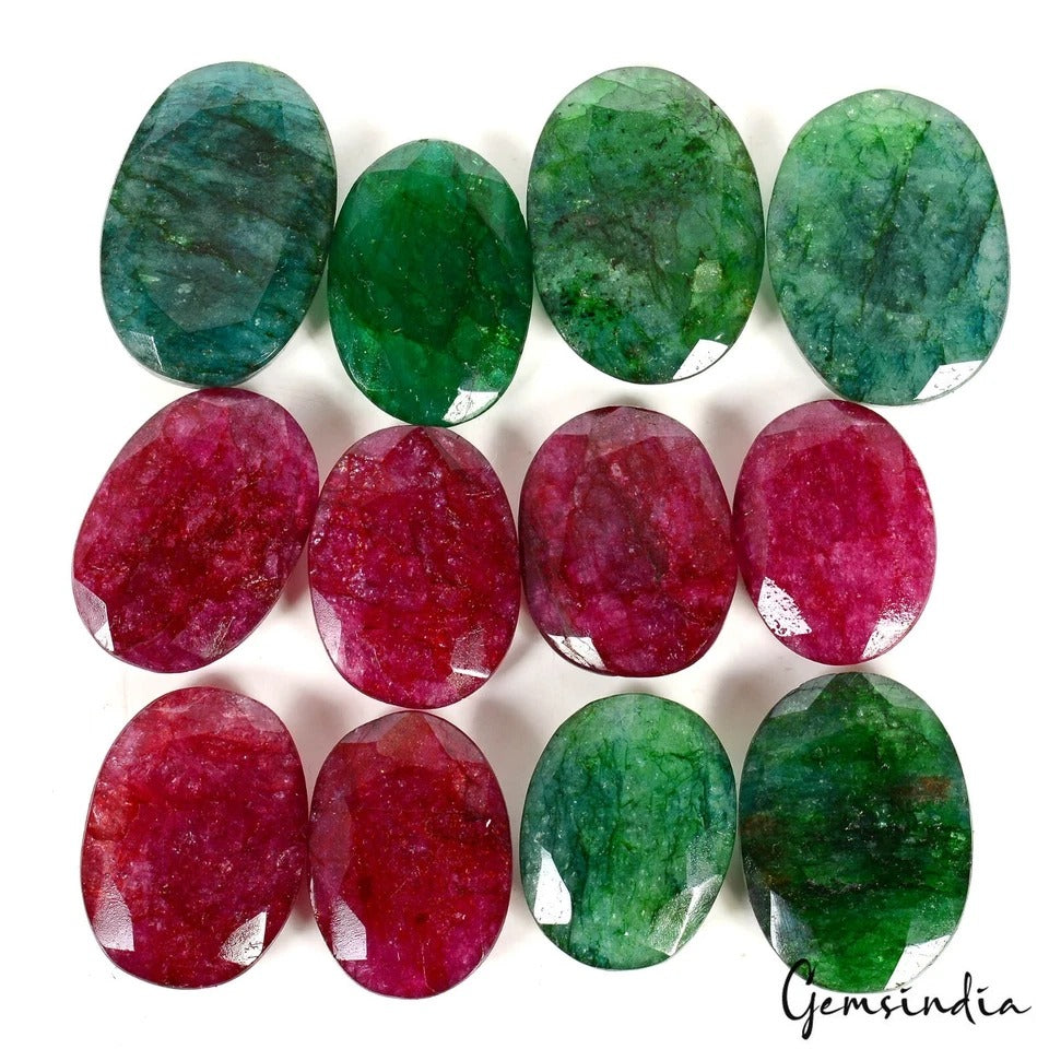 680 Cts Natural Red Beryl/Green Emerald Oval Cut Loose Pendant Size Gems~12 Pcs