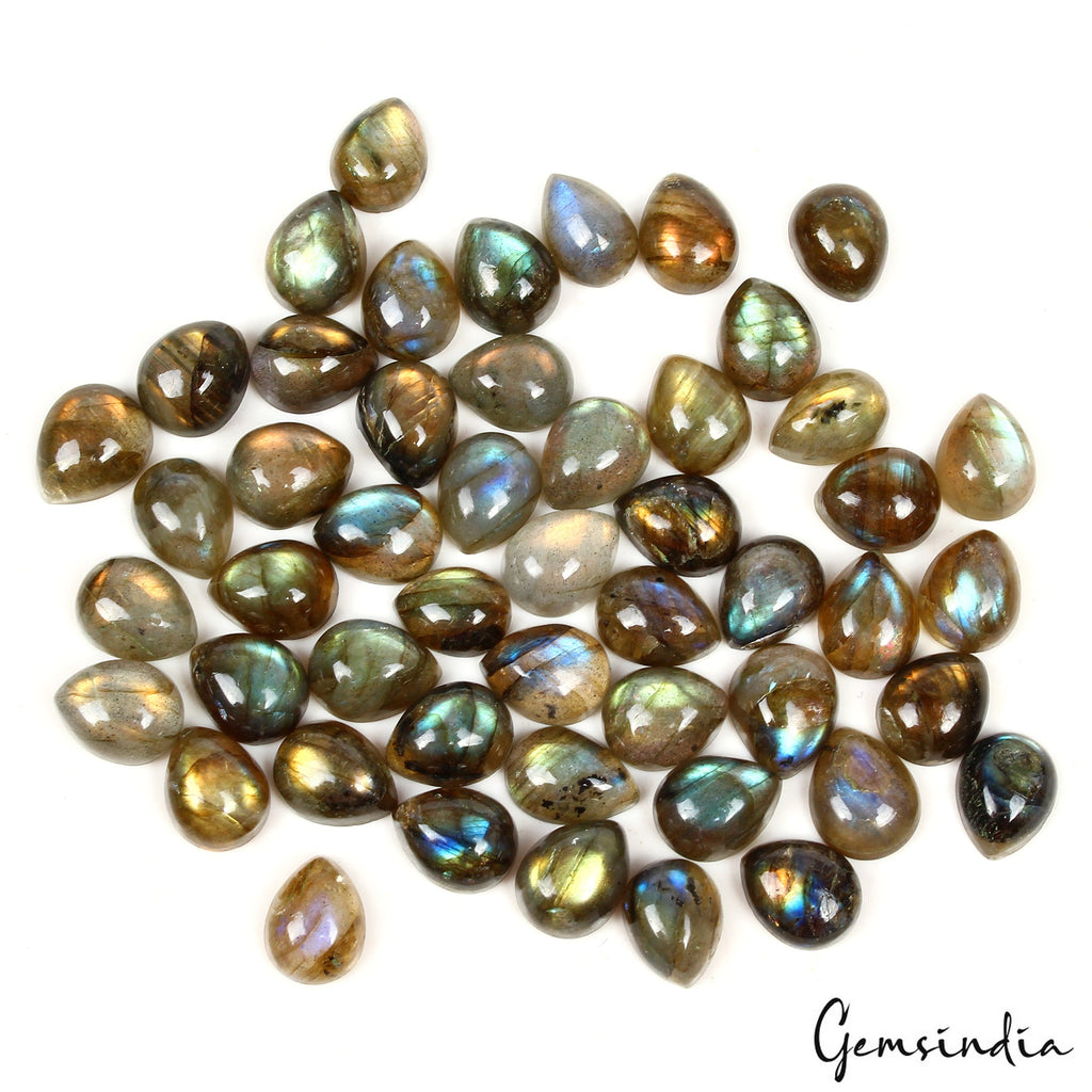 148.20 Ct/50 Pc Natural Fire Shine Labradorite Pear Cab 9-10mm Loose Gemstones