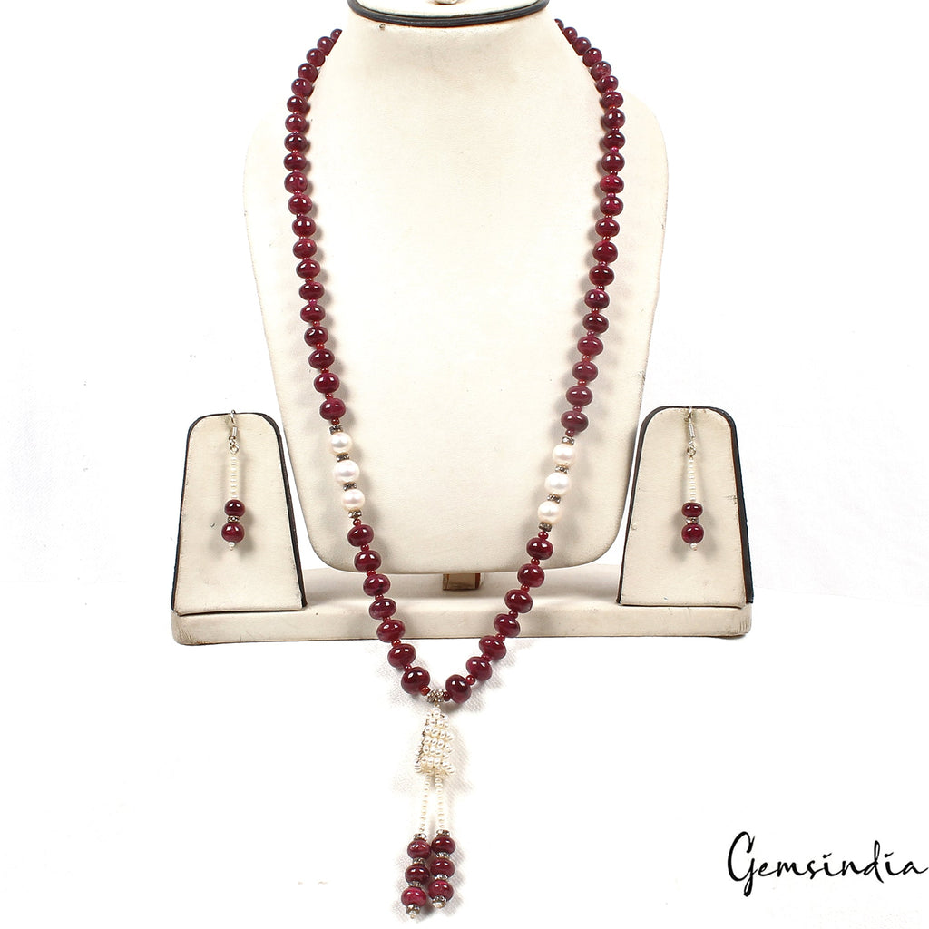 696.70 Cts Natural Red Ruby & Freshwater Pearl Round Beaded Handmade Jewelry Set