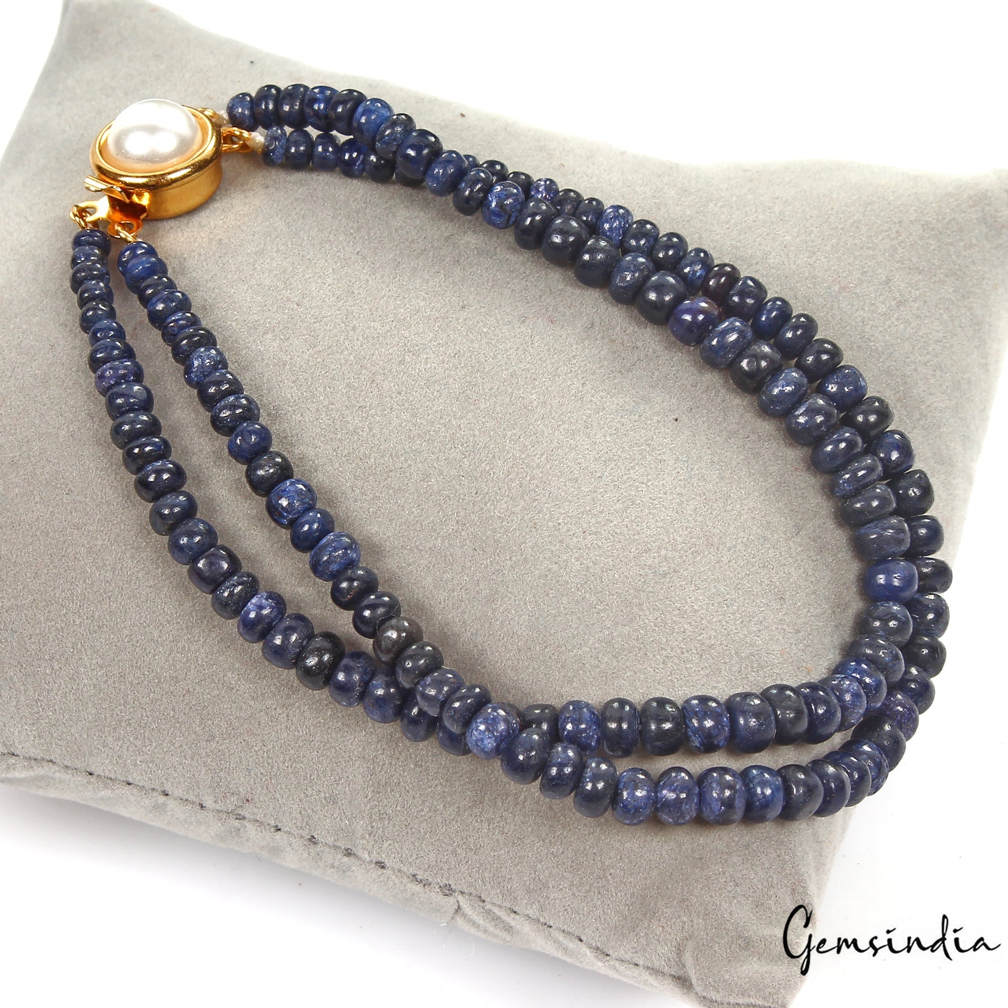 84.40 Cts Natural Blue Sapphire Round Cab Beaded Handmade Bracelet W Pearl Lock