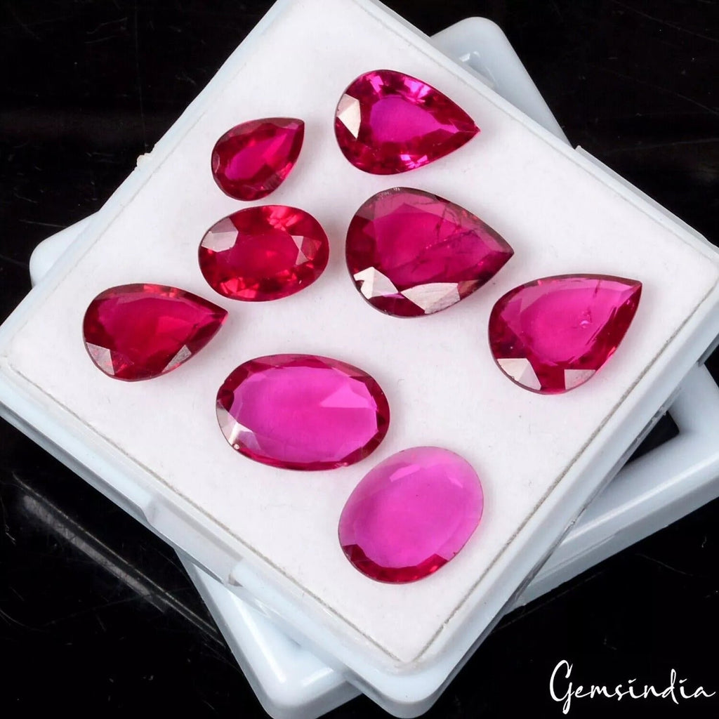Nice Pink Red 38.50 Cts Hydro Ruby Mix Cut Loose Faceted Flawless Gemstones~8 Pc