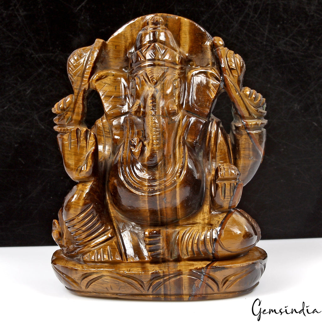 3300Ct Natural Untreated Brown Tiger Eye Single Stone Ganesha Carved Statue 4.4"