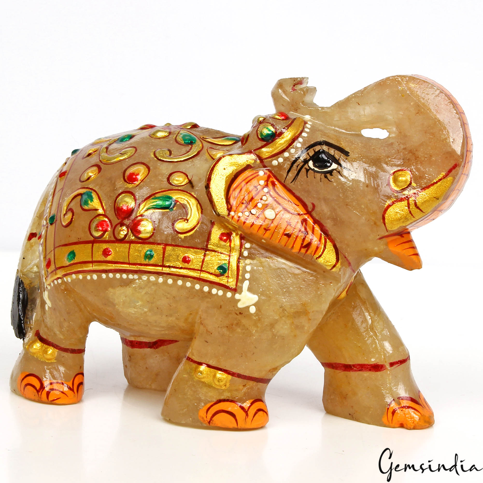 Hand Crafted Gold Painted Trunk Up Elephant 1420 Ct Natural Aventurine Sculpture
