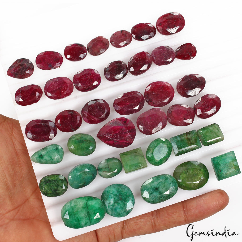 550 Cts/38 Pcs Natural Green Emerald Red Ruby Mixed Cut Loose Wholesale Gems Lot
