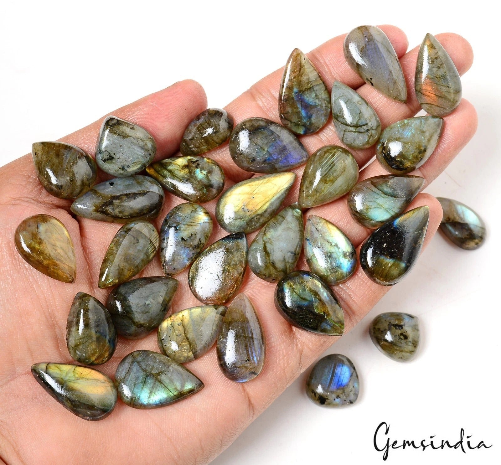550 Ct/31 Pcs Natural Untreated Blue Green Shine Labradorite Pear Cab Loose Gems