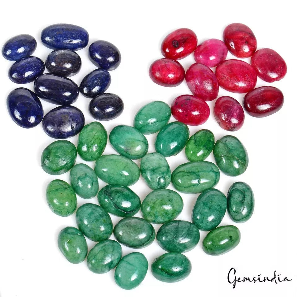 600 Cts/44 Pcs Natural Multi Color Emerald Ruby Sapphire Oval Cab Loose Gems Lot