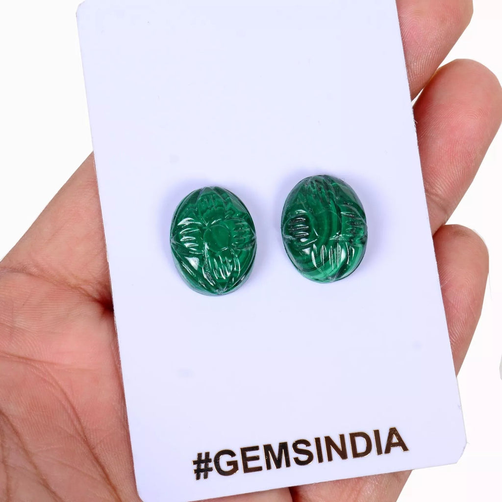38.30 Cts/2 Pcs Natural Green Malachite Oval Carved Calibrated 17x13mm Gems Pair