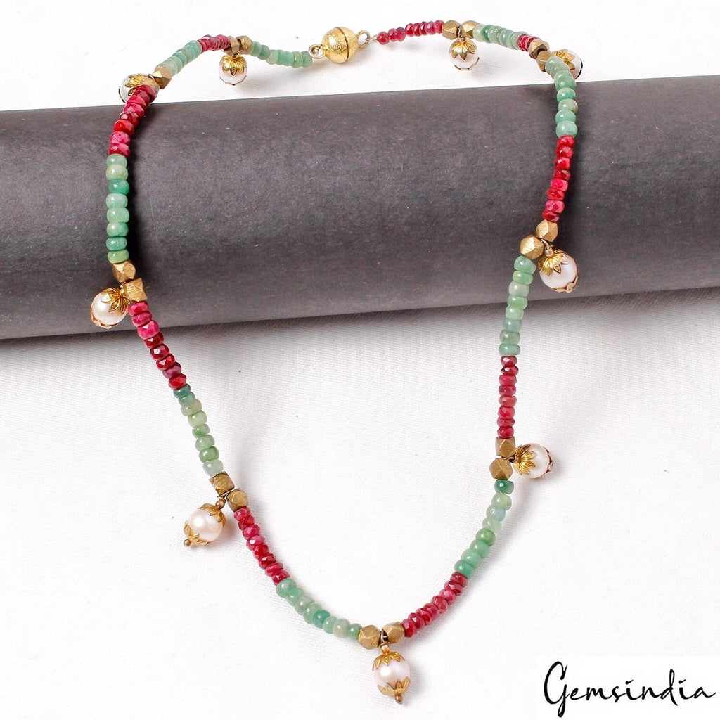179.50Ct Natural Red Ruby Green Emerald Freshwater Pearl Gem Beaded Necklace 20"