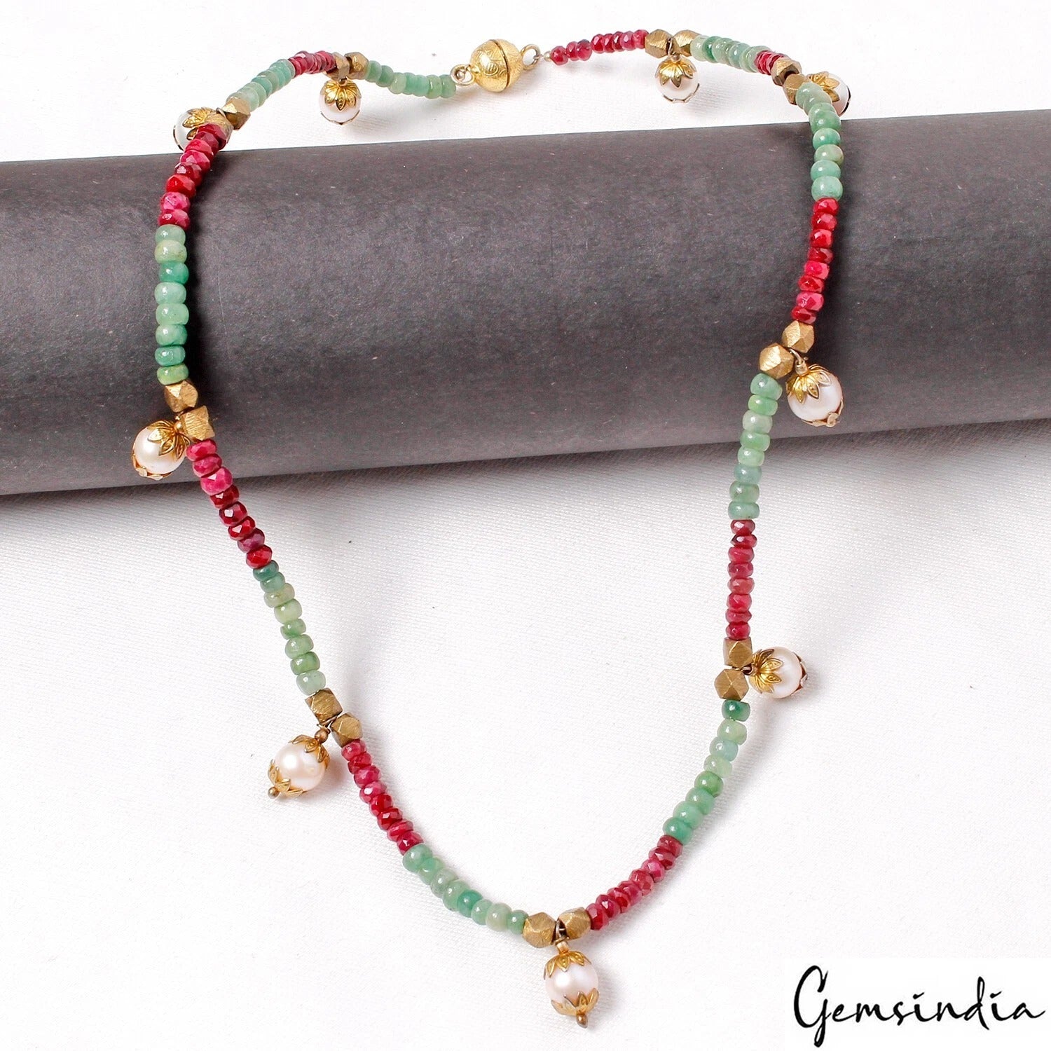 179.50Ct Natural Red Ruby Green Emerald Freshwater Pearl Gem Beaded Necklace 20"