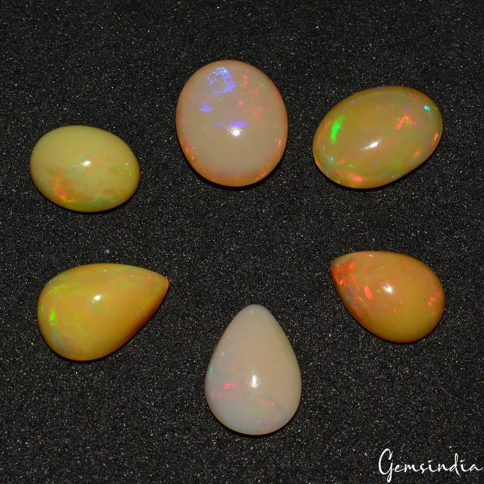 6 Pcs Natural Welo Fire Ethiopian Opal Mix Shape Cabochon Loose Gems For Jewelry