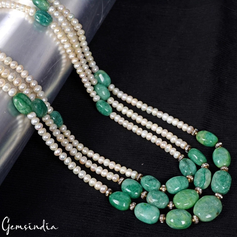 790 Ct Natural Emerald Pearl Beaded Long 3 Strand Necklace Jewelry For Women 36"