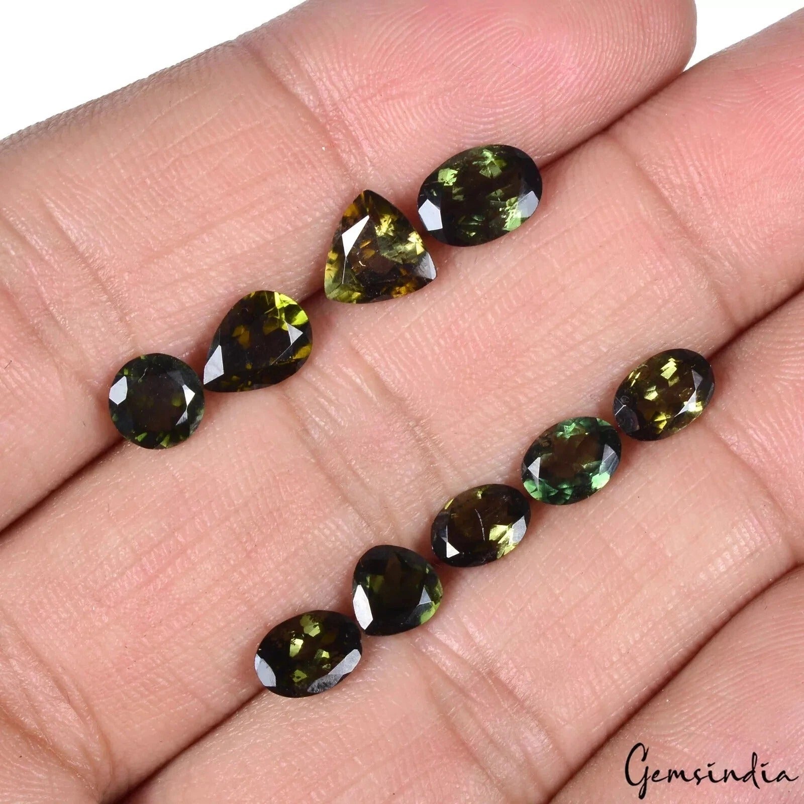 Green Tourmaline Lot, Loose Gemstone, Oval Pear Trillian Faceted cut, Untreated — 9 Pieces, 6mm to 8mm, 8.10 Ct