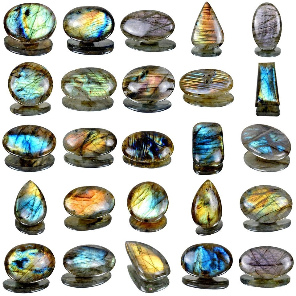 Labradorite Lot, Cabochon, Grey W Golden Peach Yellow Blue Green Shine, Untreated — 25 Pieces, 29mm to 51mm, 1700 Ct