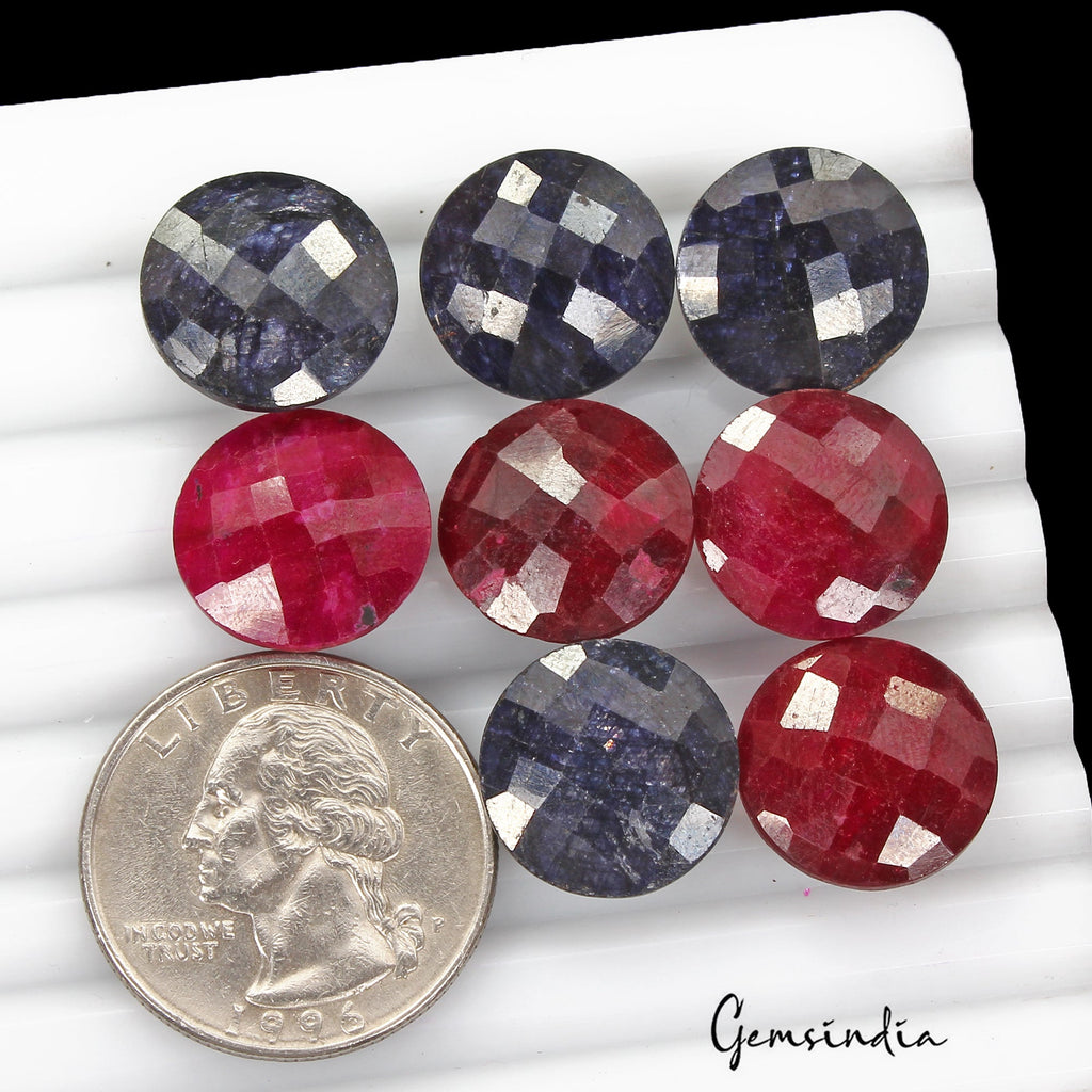 109.10 Cts/8 Pcs Natural Ruby Sapphire Round Checker Cut Calibrated 15mm Gem Lot