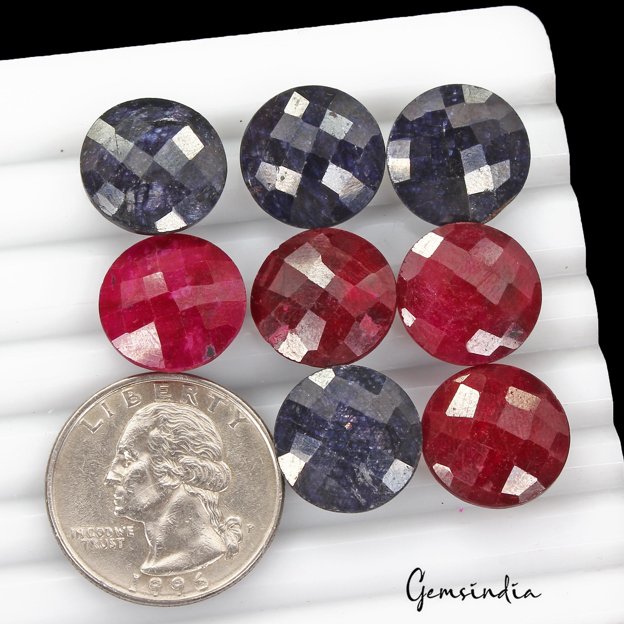 109.10 Cts/8 Pcs Natural Ruby Sapphire Round Checker Cut Calibrated 15mm Gem Lot