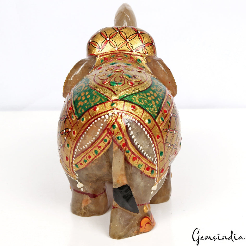 2550 Cts Natural Aventurine Gemstone Hand Crafted Gold Painted Elephant Statue