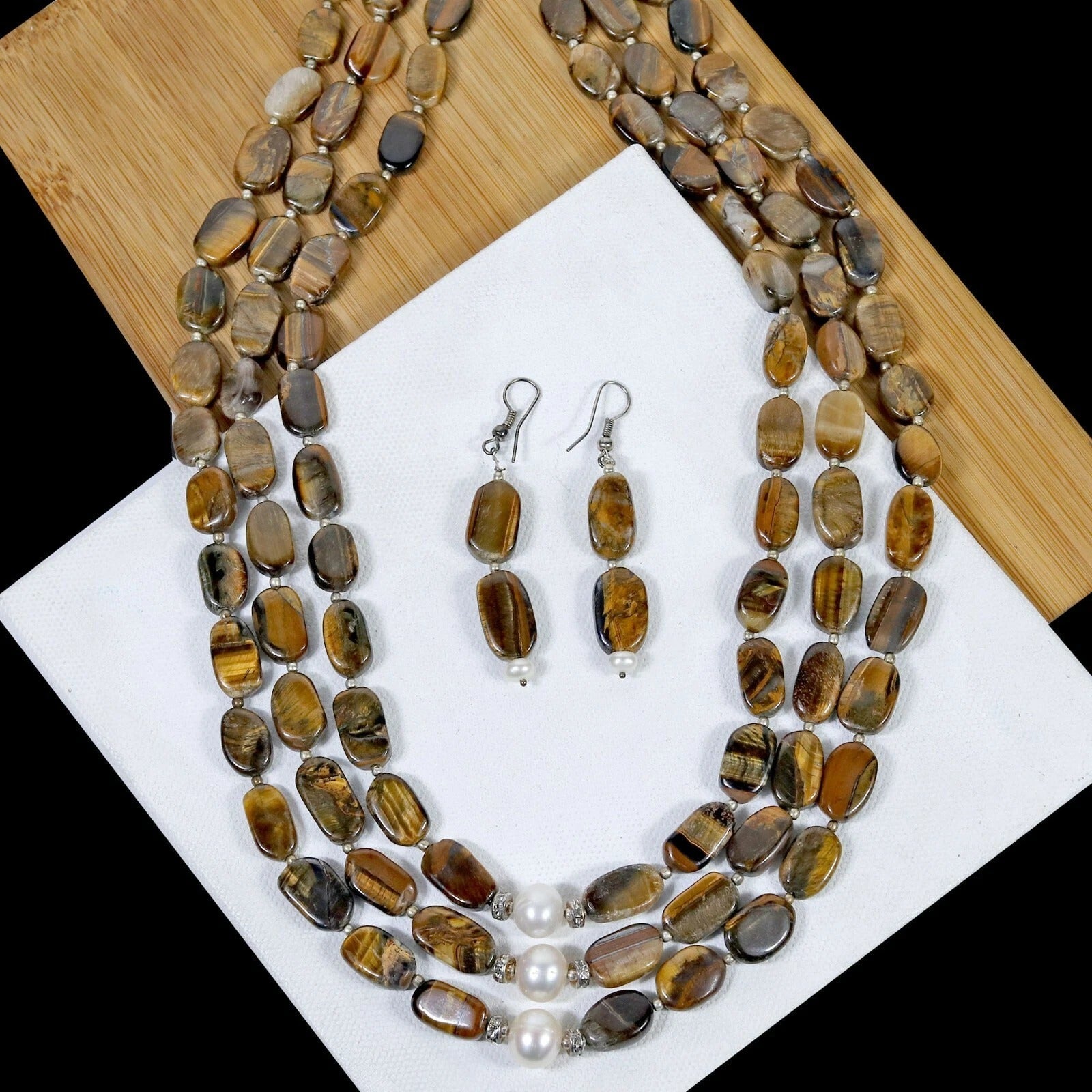 663 Cts Natural Untreated Tiger Eye Oval Cab Beaded Handmade Necklace & Earring