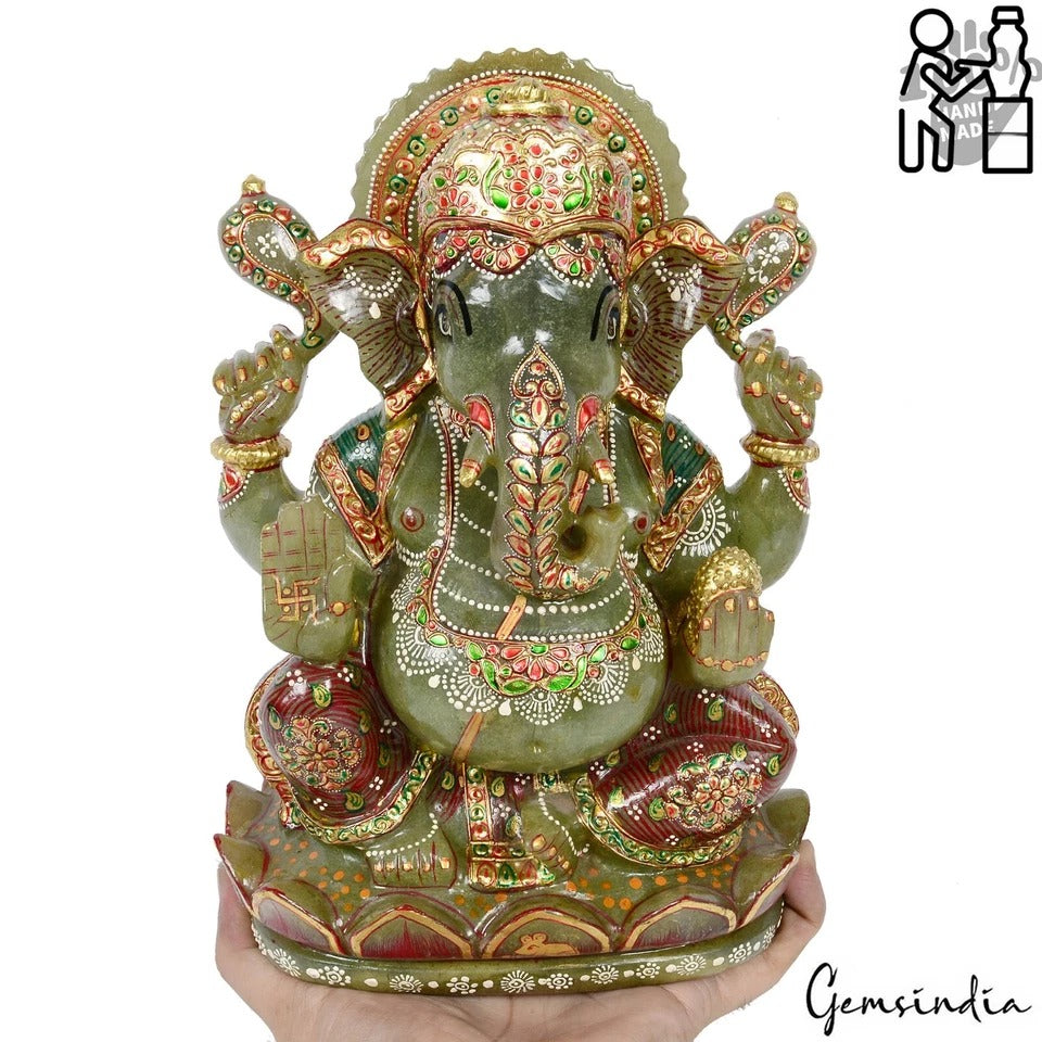 Aventurine Ganesha Figurine, Untreated, Gold — 9.75x7x4.2 Inches, 5.14 Kg (25700 Ct), India