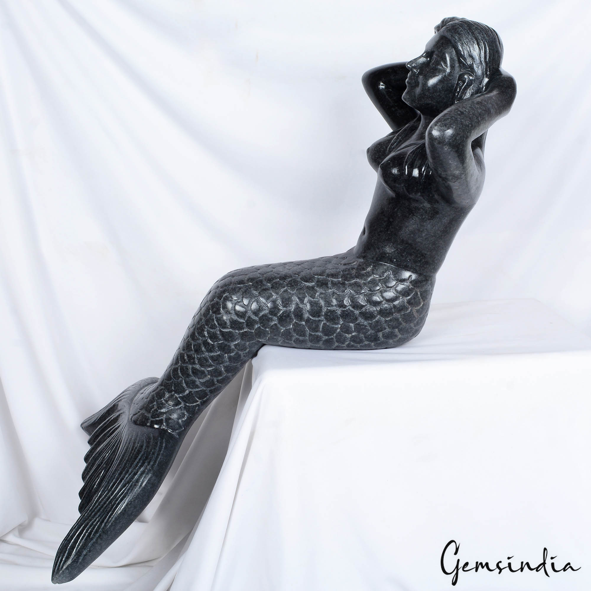 26 Inch Large Black Marble Mermaid Hand Carved Sitting Ocean Statue 14.8 kilo