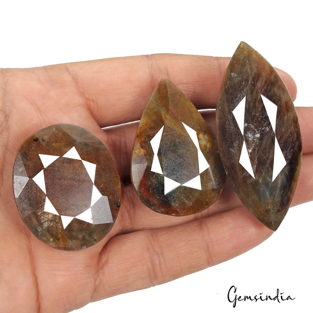 740 Ct Natural Brown Blue Sapphire Loose Untreated Mix Cut Gemstones Lot ~ 3 Pcs
